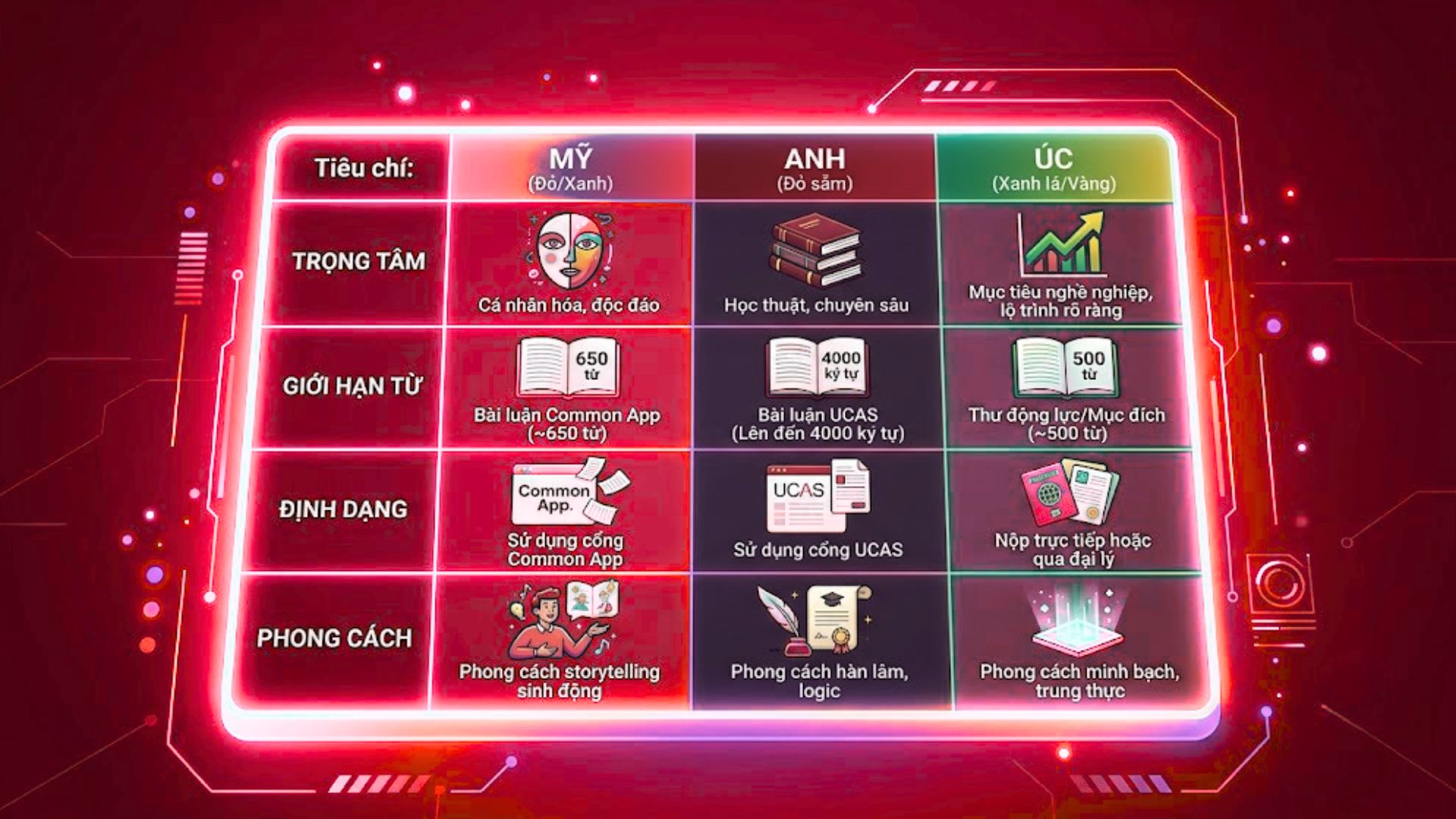 Bảng So Sánh Nhanh Tiêu Chí Viết Bài Luận Du Học Mỹ, Anh, Úc